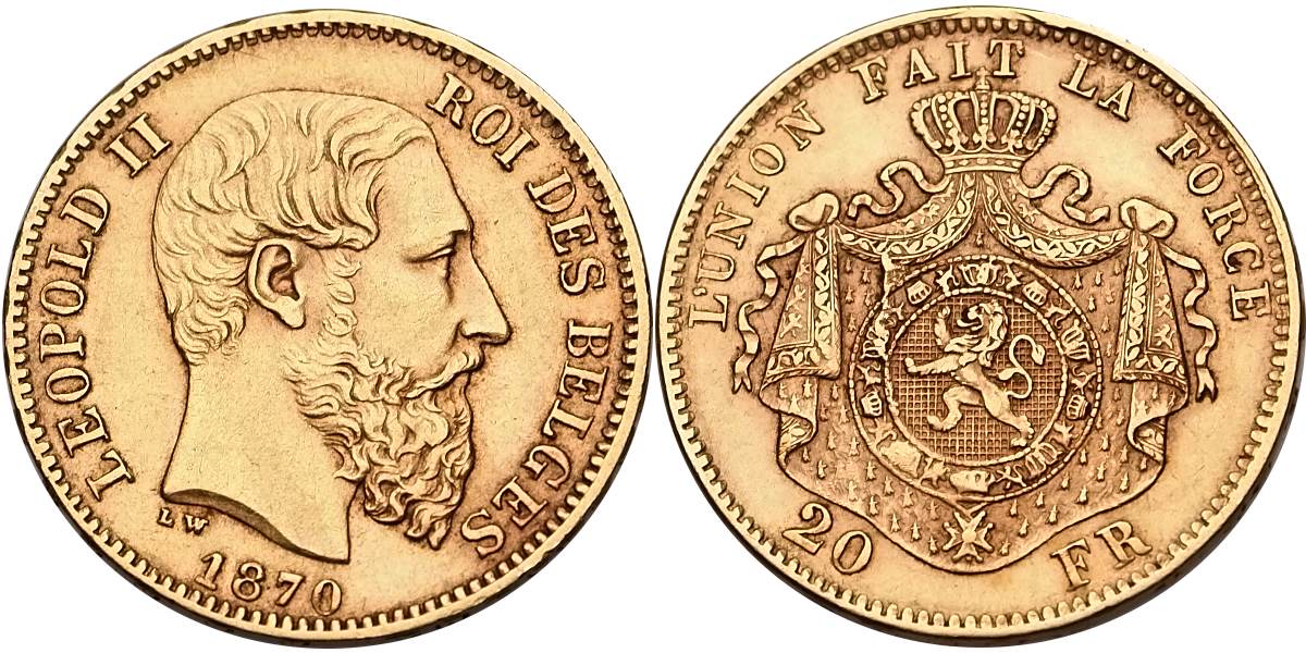 Belgie, Leopold II. 1865 - 1905, 20 Frank 1870