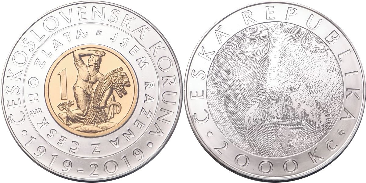 Česká republika, 2000 Koruna 2019, bimetalová mince k zavedení československé koruny