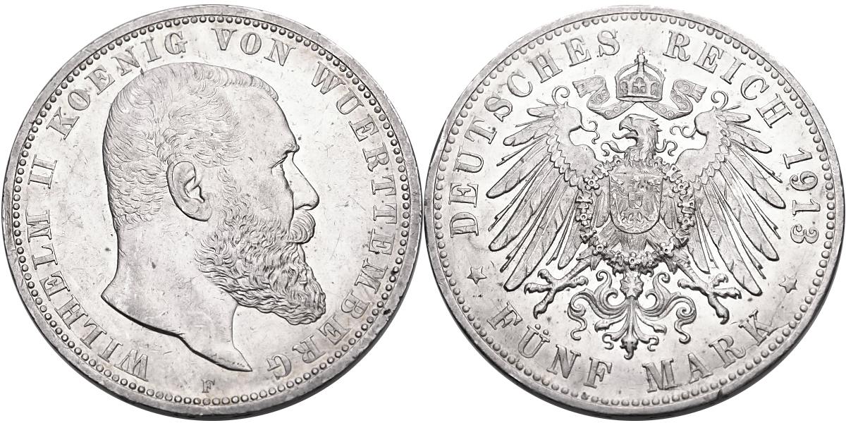 Německo, Wuerttemberg, Wilhelm II. 1888 - 1918, 5 Marka 1913 F