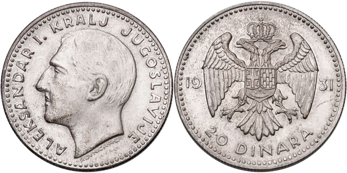 Jugoslávie, Alexandr I. 1921 - 1934, 20 Dinárů 1931