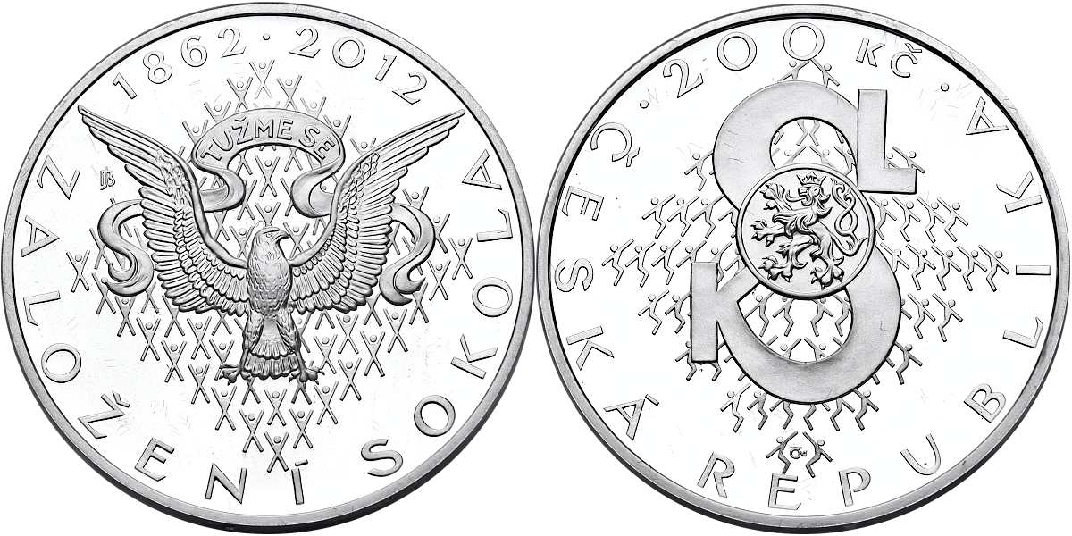 Česká republika, 200 Kč 2012 proof, 150. výročí založení České obce sokolské