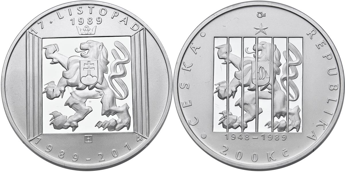 Česká republika, 200 Kč 2014 proof, 25. výročí 17. listopadu 1989