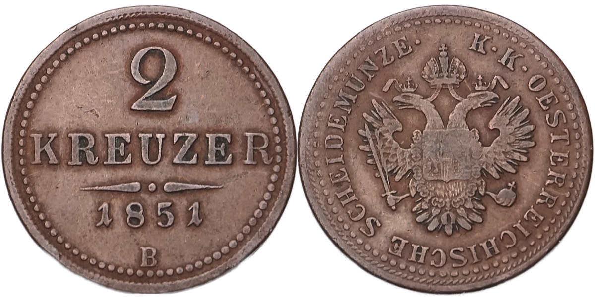 František Josef I. 1848 - 1918, 2 Krejcar 1851 B
