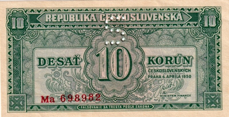 Československo 1945 - 1953, 10 Koruna 1950, perforace S
