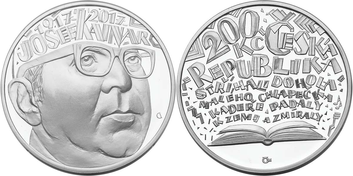 Česká republika, 200 Kč 2017 proof 100. výročí narození Josefa Kainara, certifikát podepsaný autorem