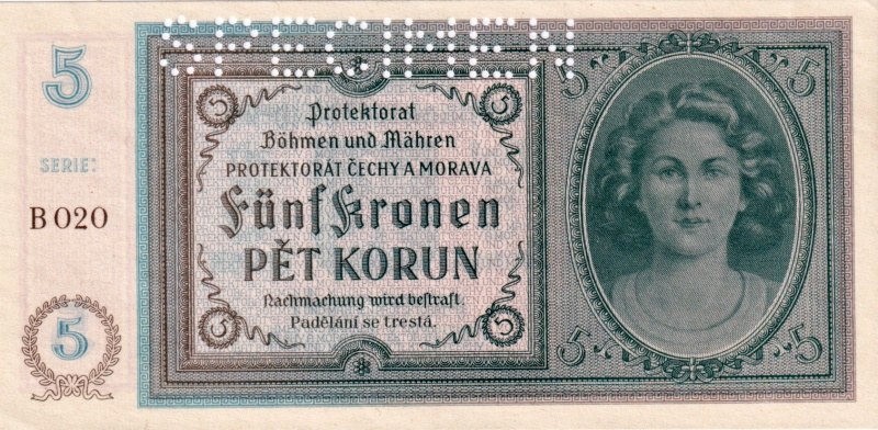 Protektorát 1939 - 1945, 5 Korun b.l., SPECIMEN (1940)