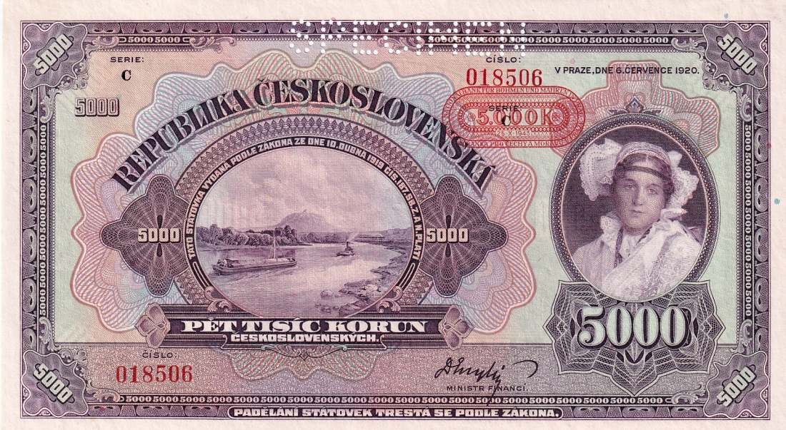 Československo 1919 - 1939, 5000 Korun 6.7.1920 SPECIMEN přetisk 1943
