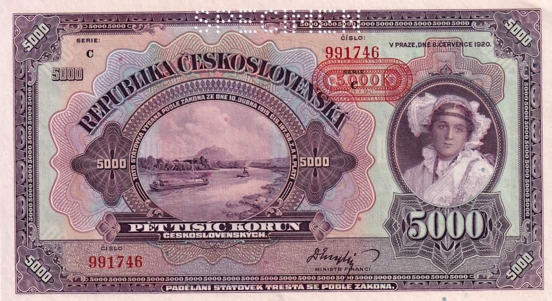 Československo 1919 - 1939, 5000 Korun 6.7.1920 SPECIMEN přetisk 1943