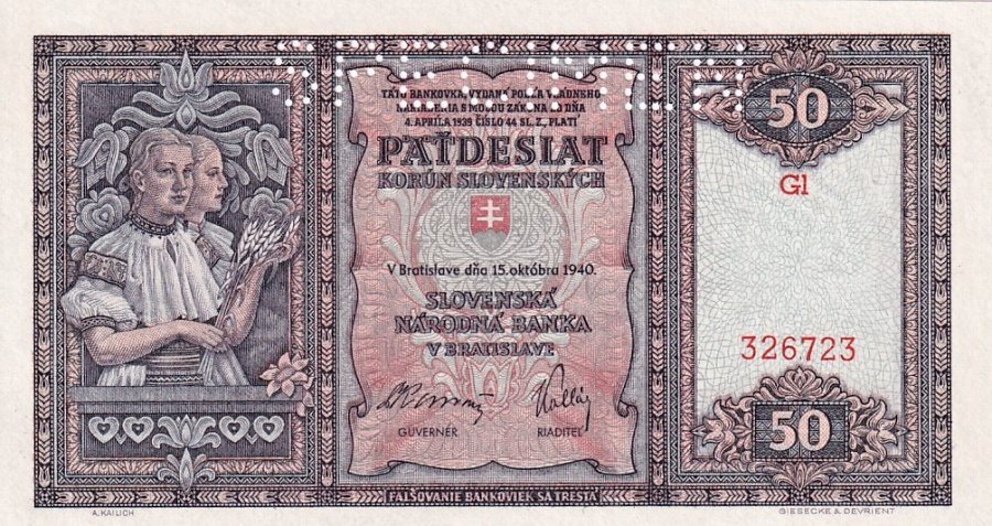 Slovenská republika 1939 - 1945, 50 Korun 1940, SPECIMEN