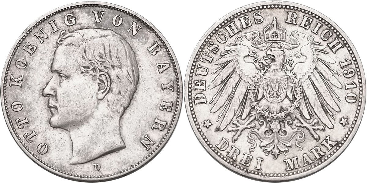 Německo, Bavorsko, Otto 1886 - 1913, 3 Marka 1910 D