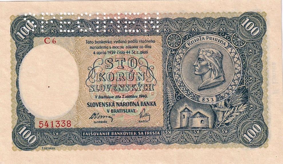 Slovenská republika 1939 - 1945, 100 Ks 1940, SPECIMEN