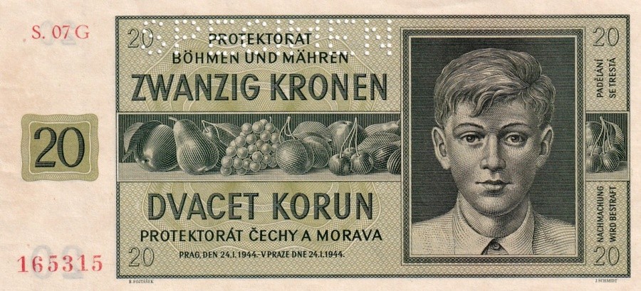 Protektorát 1939 - 1945, 20 Korun 1944 SPECIMEN