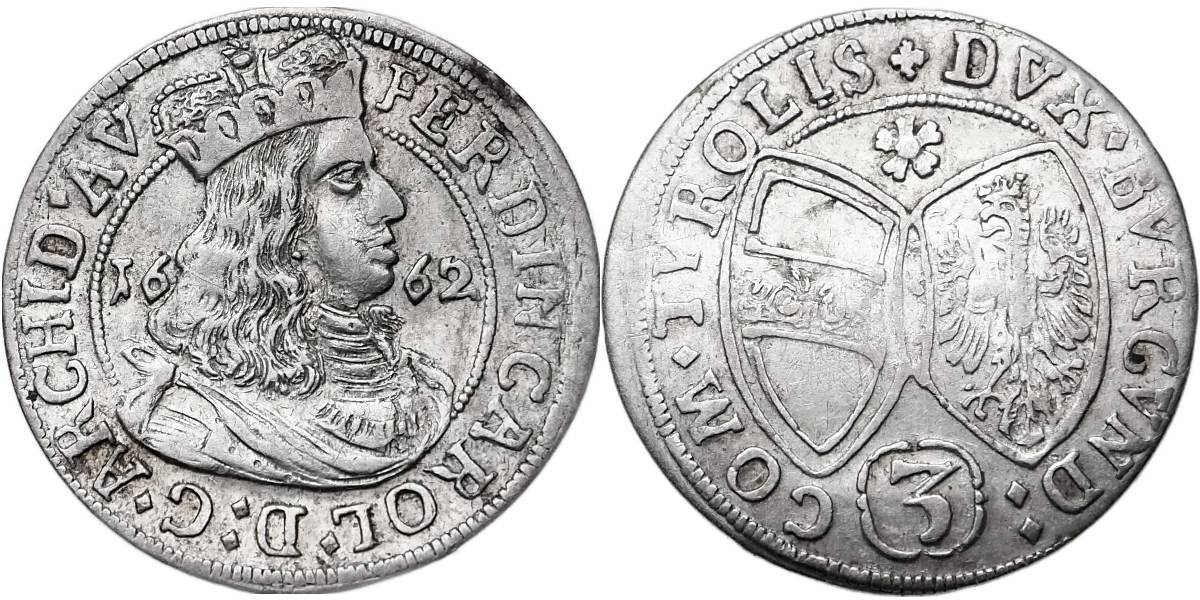arc. Ferdinand Karel 1632 - 1662, 3 Krejcar 1662