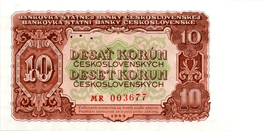Československo, 10 Kčs 1953, perforace 3 m.d.