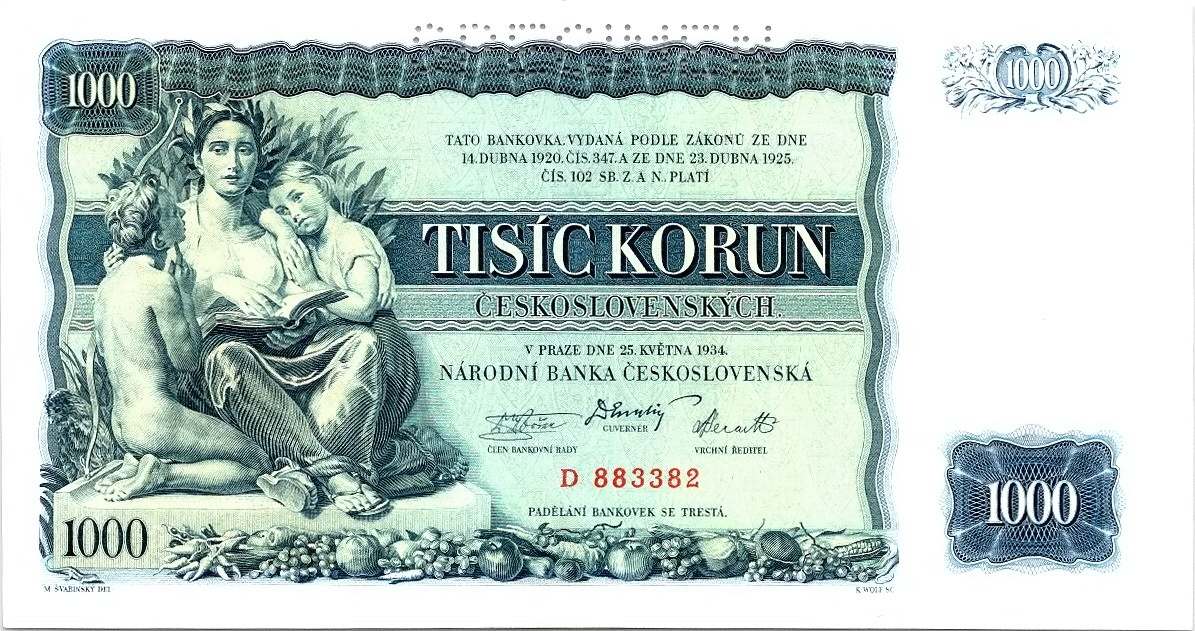 Československo 1919 - 1939, 1000 Korun 1934, SPECIMEN