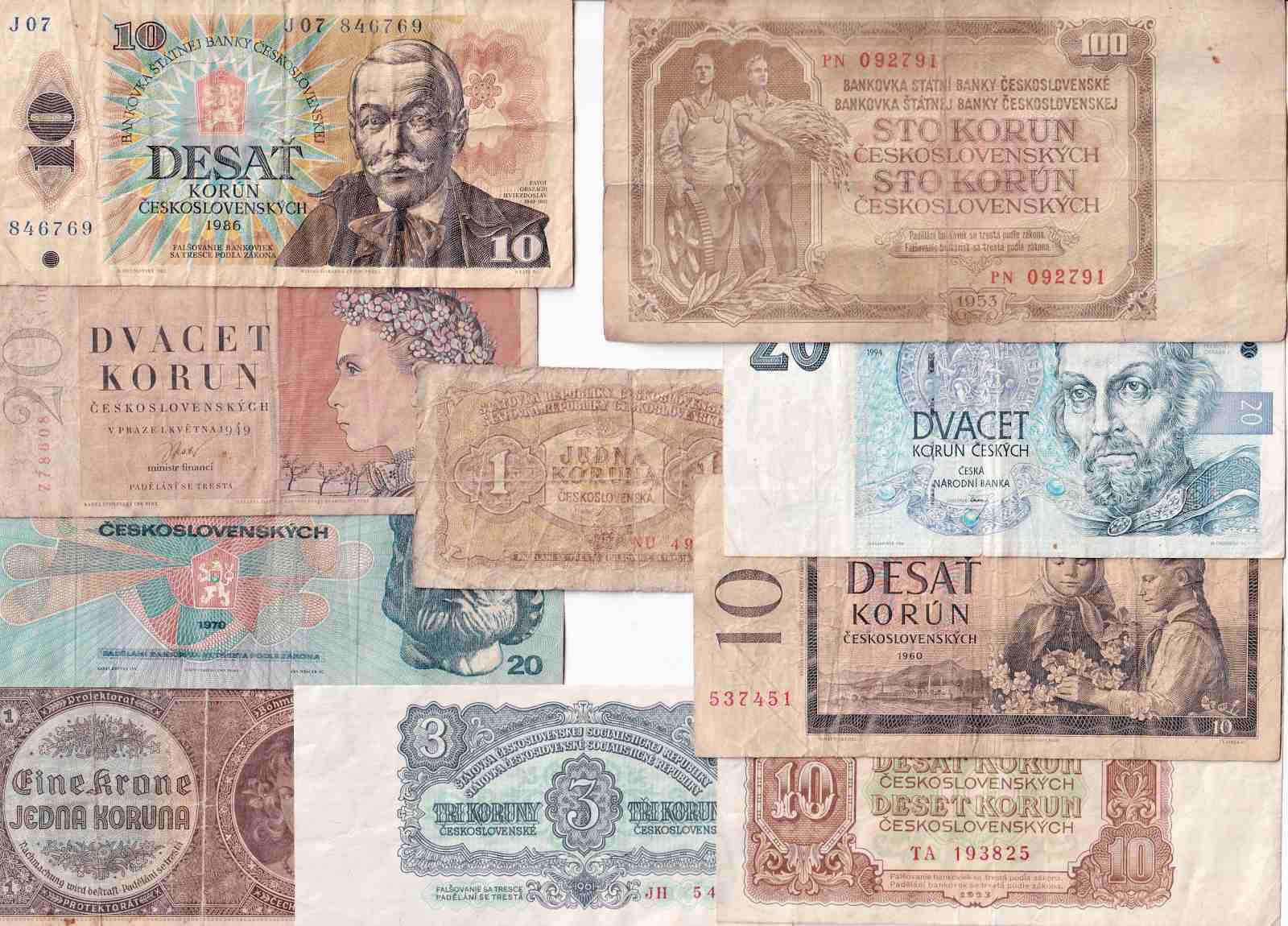 Československo, konvolut bankovek 10ks