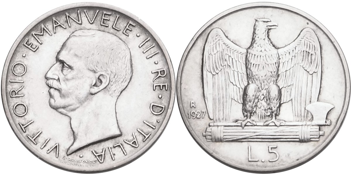 Itálie, Vittorio Emanuele III. 1900 - 1946, 5 Lira 1927 R