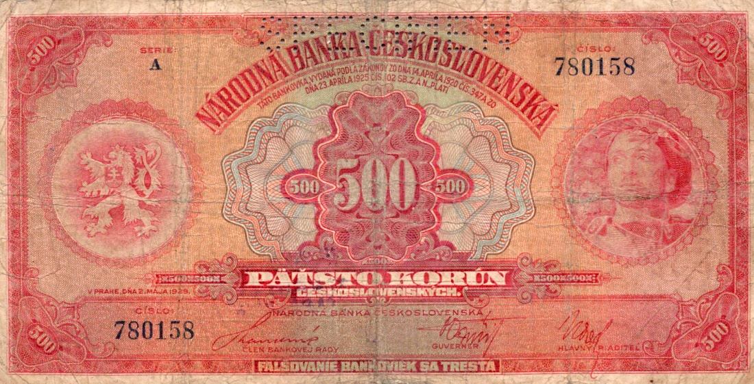 Československo 1919 - 1939, 500 Koruna 1929, SPECIMEN