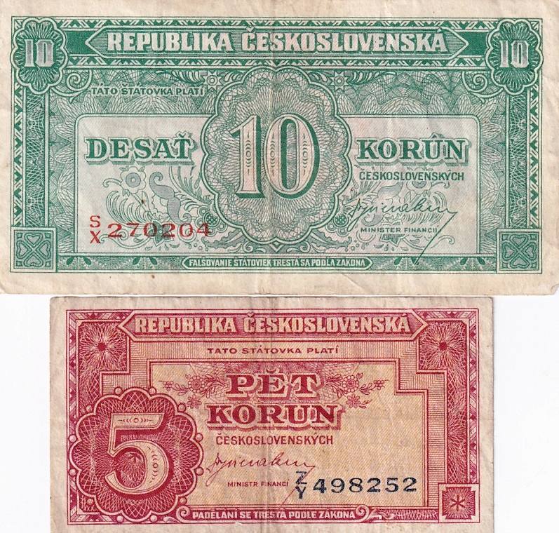 Československo 1945 - 1953, 5, 10 Kčs b.l.(1945)