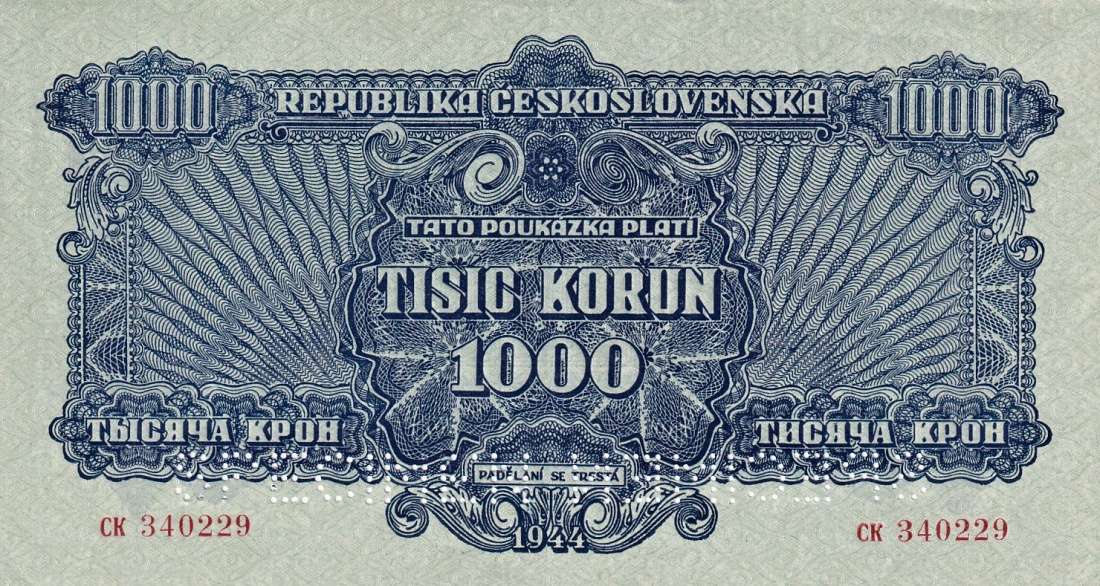 Československo 1944 - 1945, 1000 Koruna 1944, 2x SPECIMEN