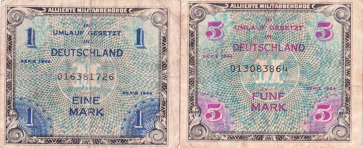 Německo, vojenské peníze, 1 a 5 Marka 1944 (Rusko)