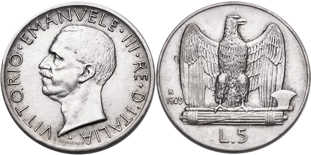 Itálie, Vittorio Emanuele III. 1900 - 1946, 5 Lira 1929 R