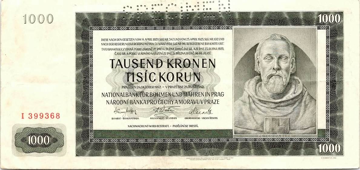 Protektorát 1939 - 1945, 1000 Korun 1942, I. vydání serie D, SPECIMEN