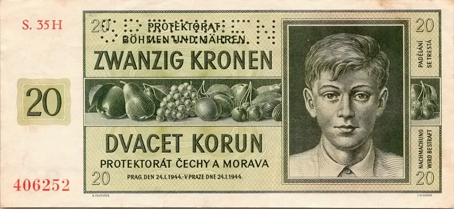 Protektorát 1939 - 1945, 20 Korun 1944 SPECIMEN