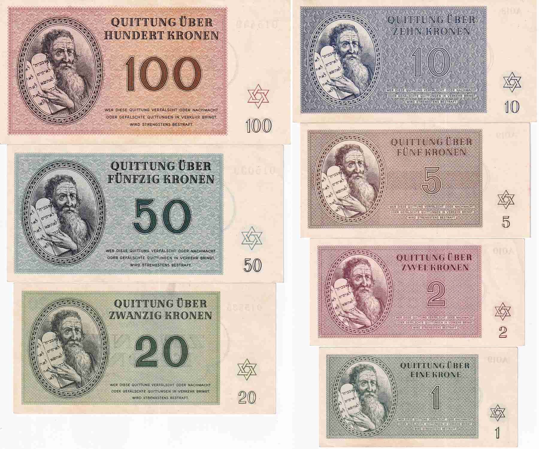 Poukázky terezínského getta , 1,2, 5, 10, 20, 50, 100 Korun 1943