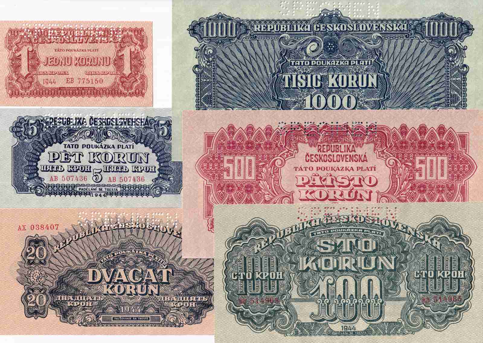 Československo 1944 - 1945, 1, 5, 20, 100, 500 a 1000 Koruna 1944 SPECIMEN