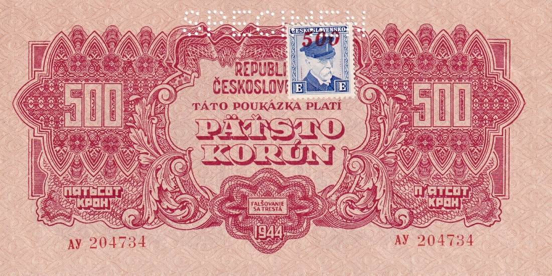 Československo 1944 - 1945, 500 Korun 1944 kolkovaná, SPECIMEN