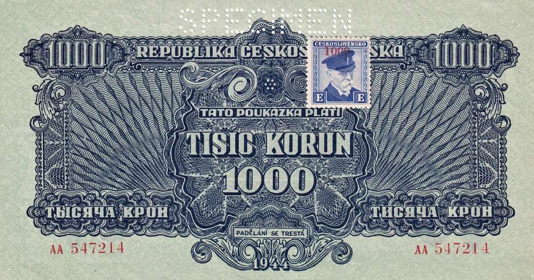 Československo 1944 - 1945, 1000 Korun 1944, kolek, SPECIMEN