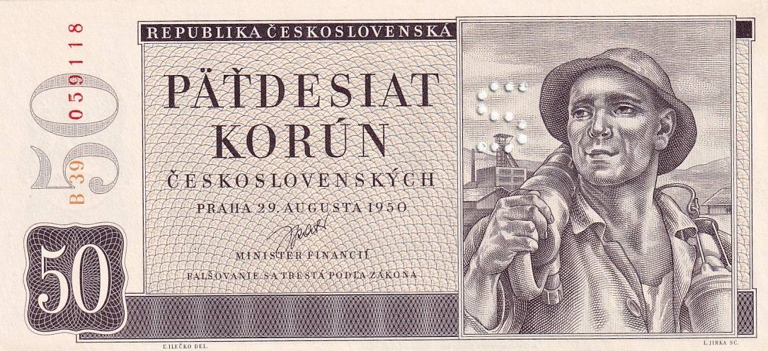 Československo 1945 - 1953, 50 Kčs 1950 série B39, perforace písmeno S