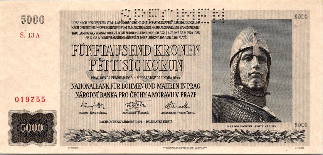 Protektorát 1939 - 1945, 5000 Korun 1944, SPECIMEN