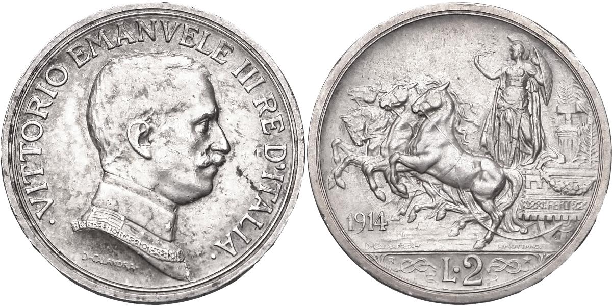 Itálie Vittorio Emanuele III. 1900 - 1946, 2 Lire 1914