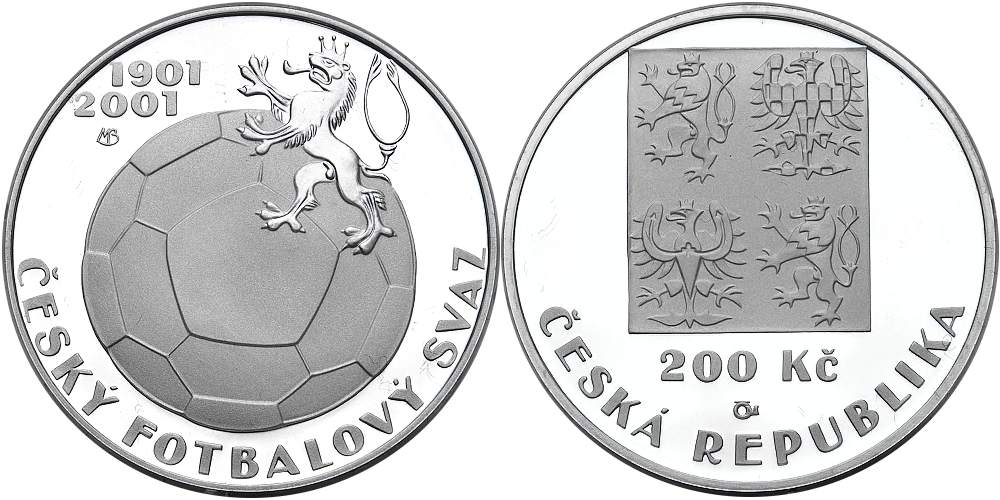 Česká republika, 200 Kč 2001, 100. výročí založení Českého fotbalového svazu proof
