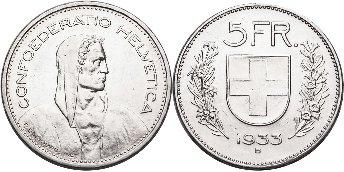 Švýcarsko, 5 Frank 1933 B