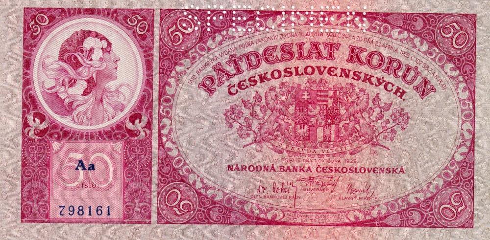Československo 1919 - 1939, 50 Korun 1929, SPECIMEN