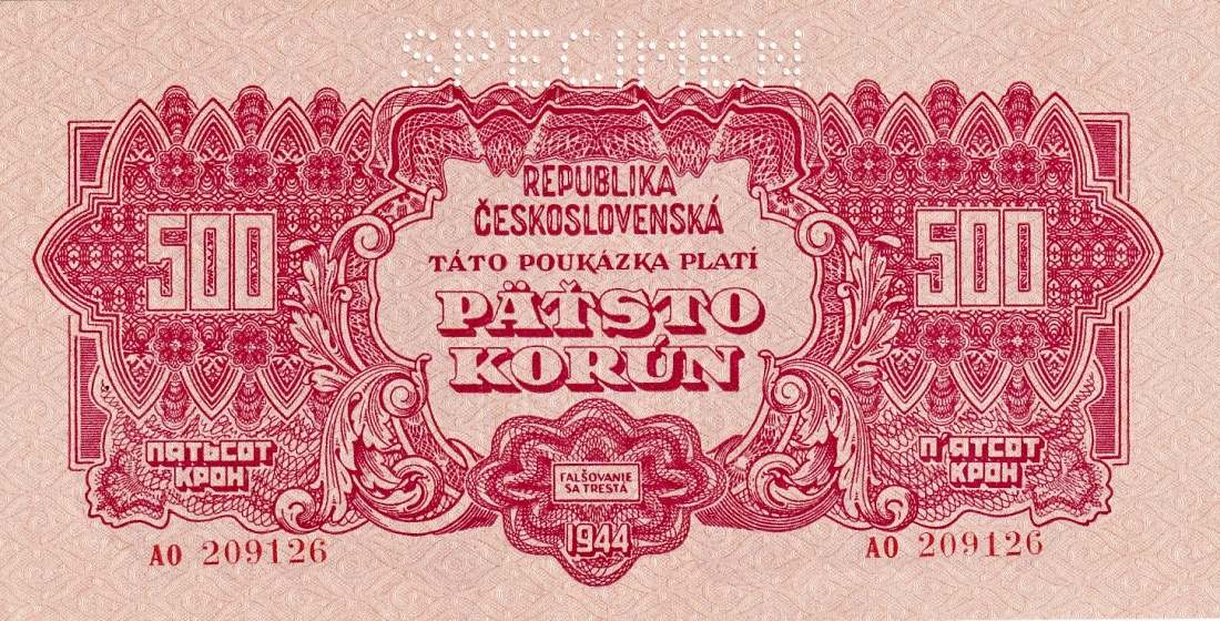Československo 1944 - 1945, 500 Koruna 1944 SPECIMEN