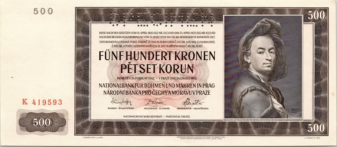 Protektorát 1939 - 1945, 500 Korun 1942, I. vydání, SPECIMEN