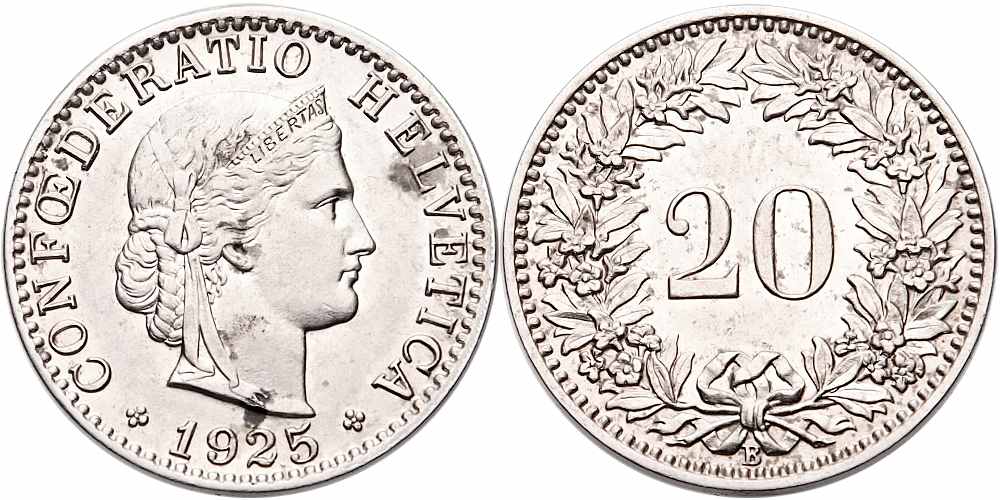 Švýcarsko, 20 Rappen 1925 B