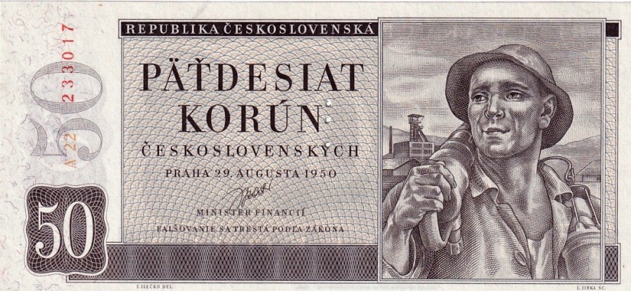 Československo 1945 - 1953, 50 Kčs 1950 perforace 3md
