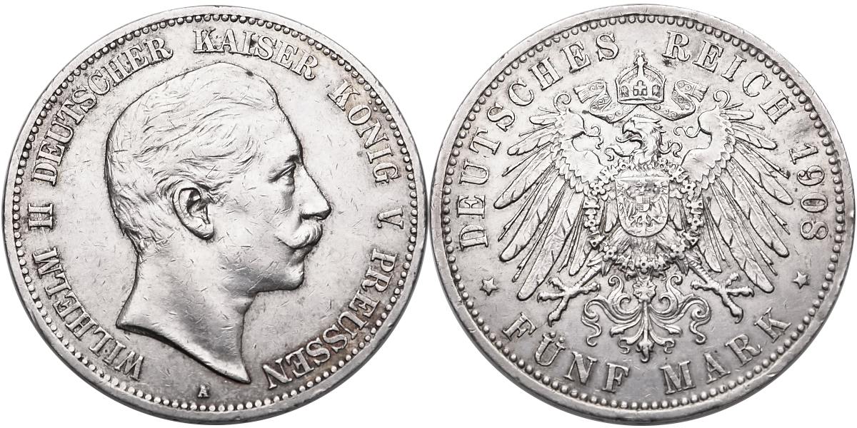 Německo, Wuerttemberg, Wilhelm II. 1888 - 1918, 5 Marka 1908 A