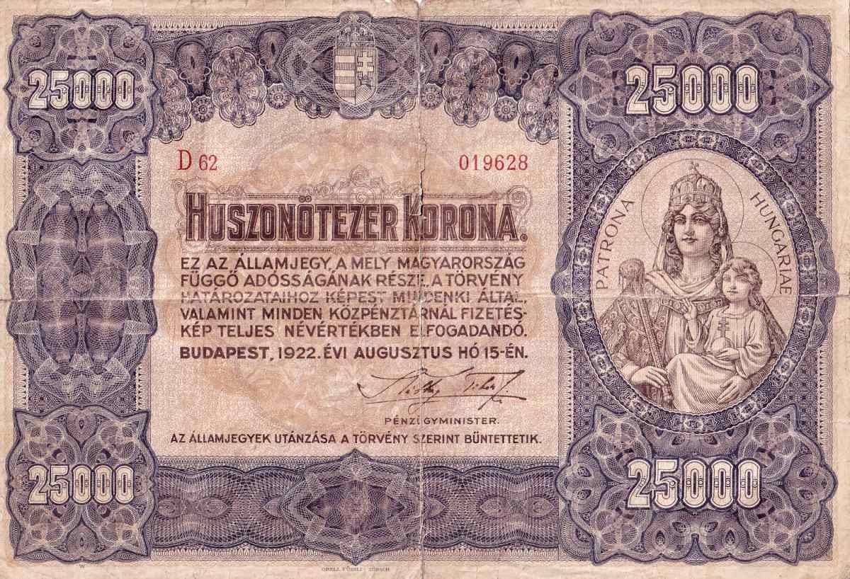 Maďarsko, 25000 Korona 15.8.1922