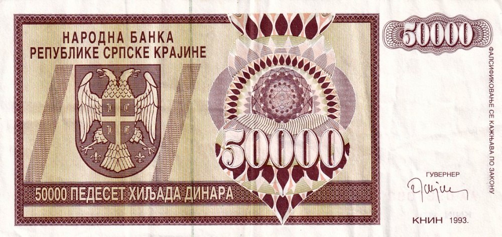 Chorvatsko, Rep. Srbská krajina 50 000 Dinara 1993
