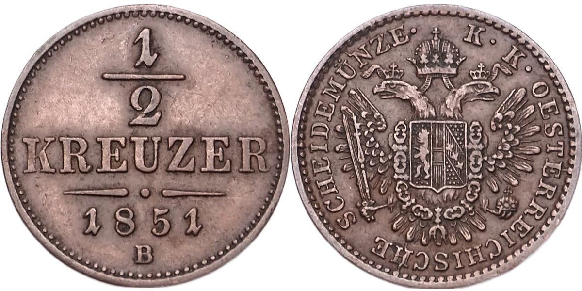 František Josef I. 1848 - 1918, 1/2 Krejcar 1851 B