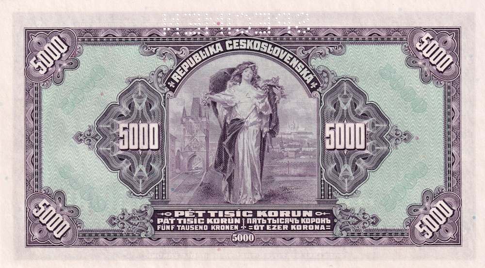 Československo 1919 - 1939, 5000 Korun 6.7.1920  SPECIMEN přetisk 1943