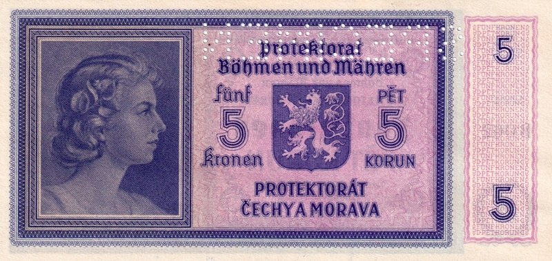 Protektorát 1939 - 1945,  5 Korun b.l., SPECIMEN (1940)
