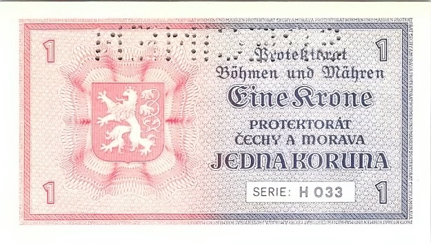 Protektorát 1939 - 1945, 1 Koruna b.l. (1940), SPECIMEN