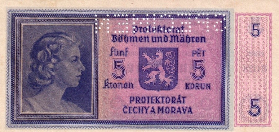 Protektorát 1939 - 1945,  5 Korun b.l., SPECIMEN (1940)